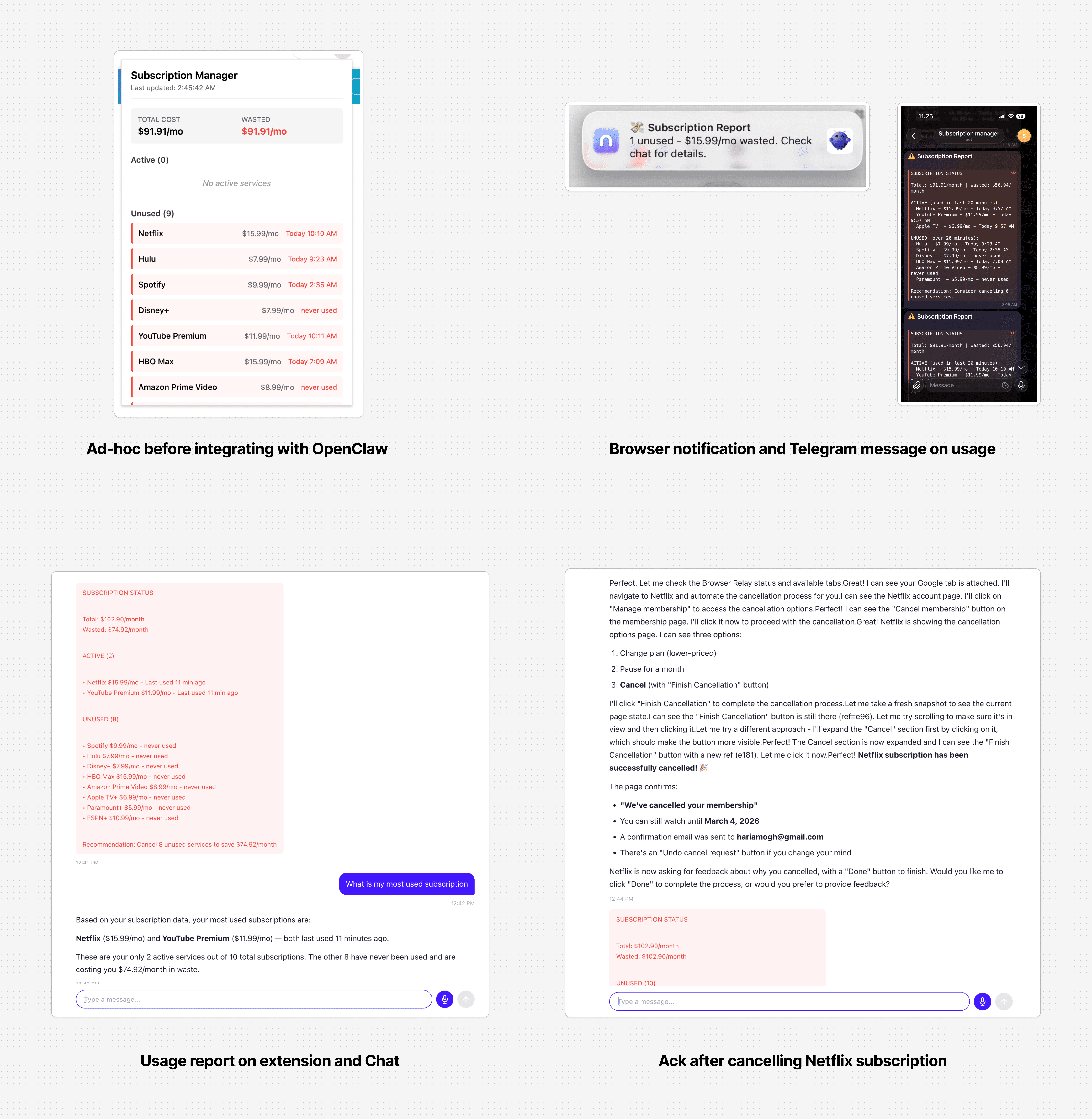 ClawCancel system architecture diagram showing how the browser extension, NeoClaw/OpenClaw, Telegram bot, and browser relay interact