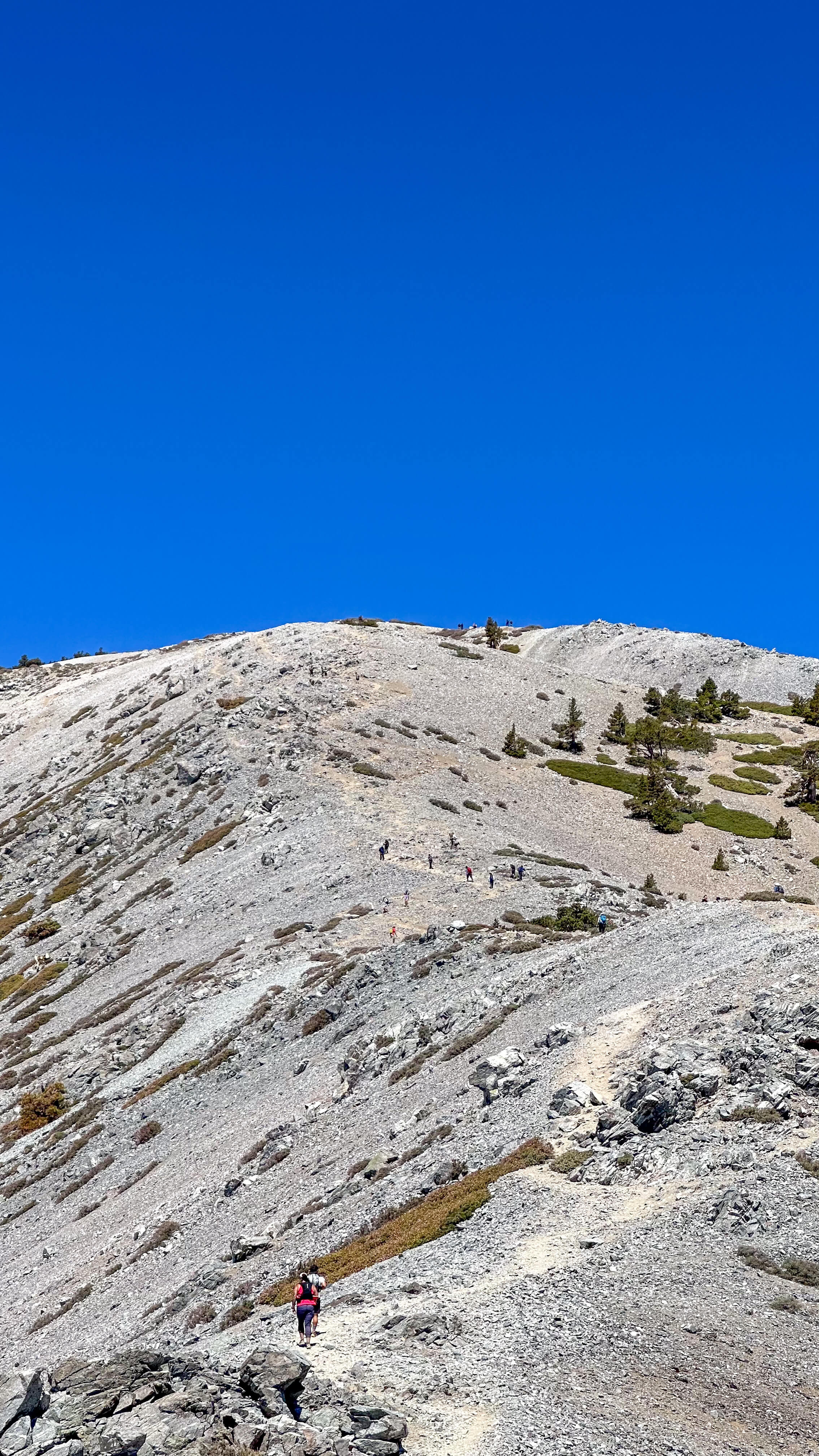Hikers picking their way up the steep, exposed scree slope above the ski hut